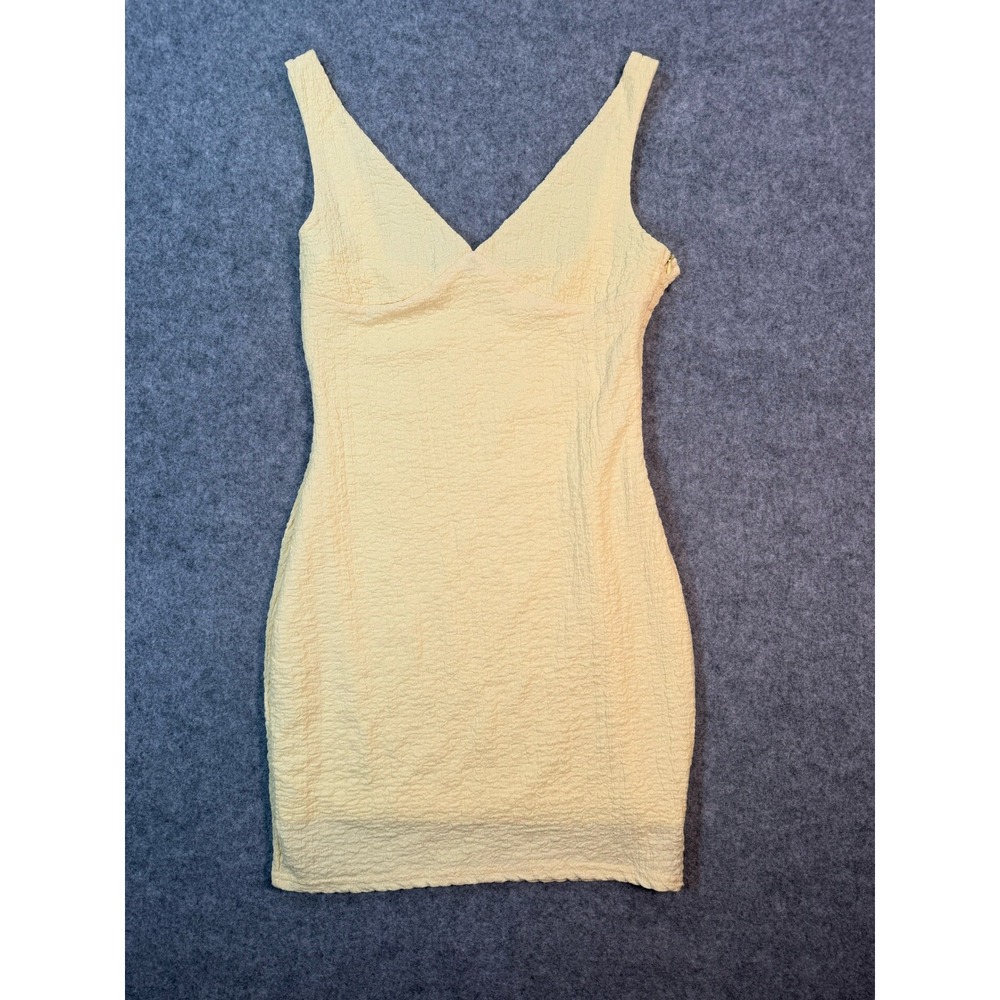 Yellow Textured V-Neck Bodycon Mini Dress Sleeveless Side Zip Small